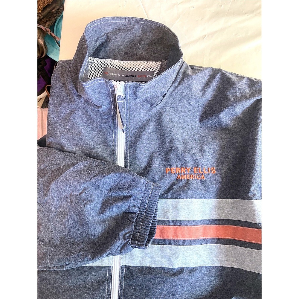Perry Ellis America Active Performance Windbreaker Jacket Grey Orange Striped